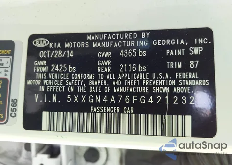 2015 Kia Optima Ex z USA, uszkodzony, nr VIN 5XXGN4A76FG421232